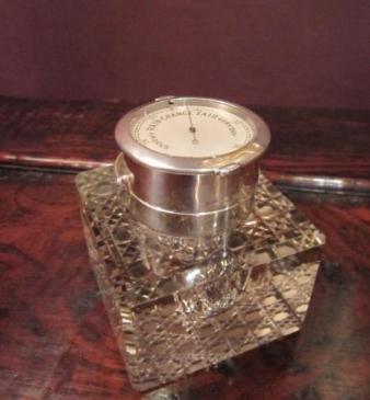 Very Rare Edwardian Silver Inkwell & Barometer