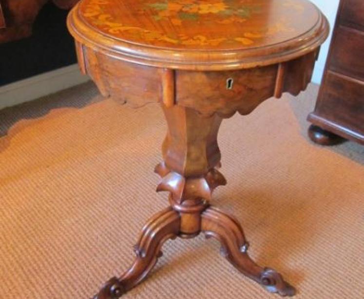 Early Victorian Walnut Fruitwood Inlaid Work Table - Image 1