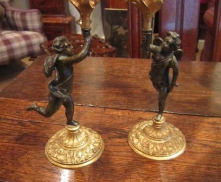 Pair of Mid Victorian Bronze Cherub Candlesticks - Image 1