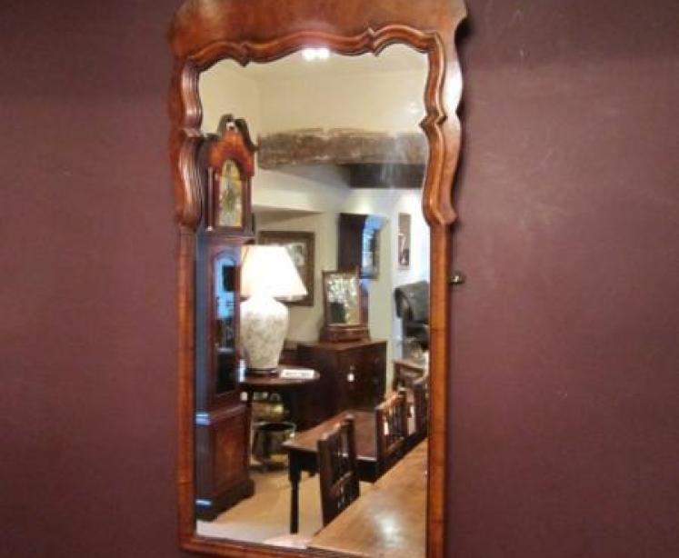 Early Victorian Figured Walnut Shaped Top Mirror - Image 1
