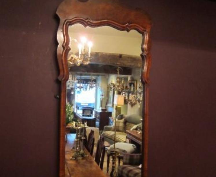Early Victorian Figured Walnut Shaped Top Mirror - Image 3