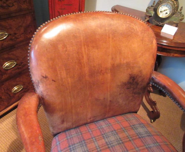 19th Century Leather & Walnut Open Armchair - Image 4