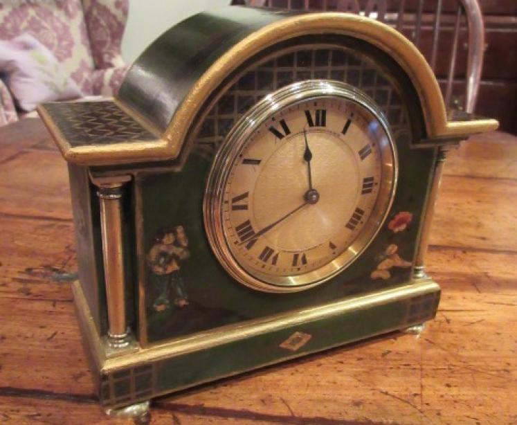Edwardian Period Chinoserie Green Lacquered Mantel Clock - Image 1