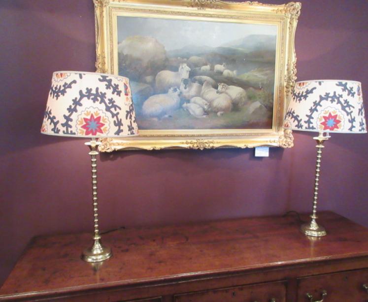 Tall Solid Brass Lamp & Crewel Work Shade - Image 1