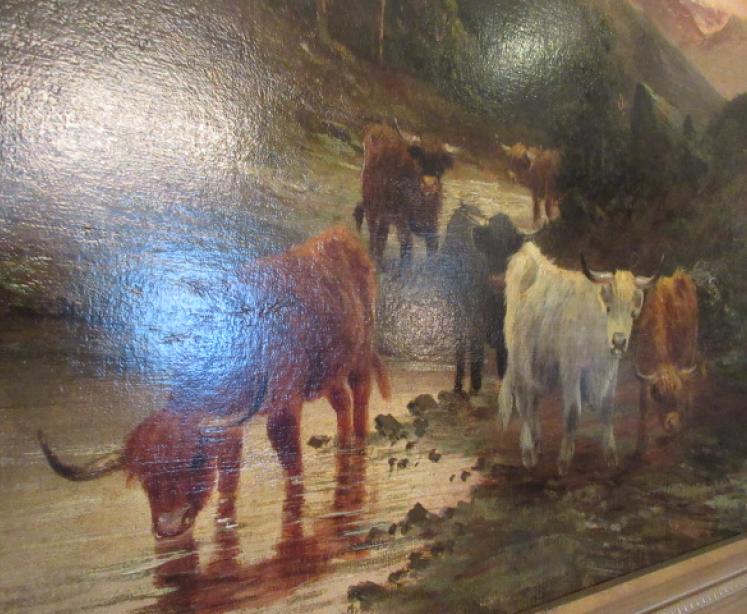 Pair of Oil on Canvas 'Cattle Watering' Paintings - Image 2