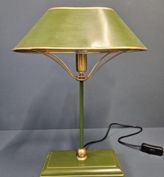 Green and Gilt Edged Wooden Base Table Lamp with Metal Shade. 