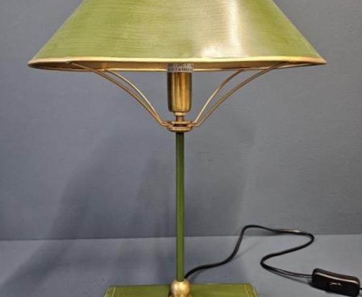 Green and Gilt Edged Wooden Base Table Lamp with Metal Shade.  - Image 1