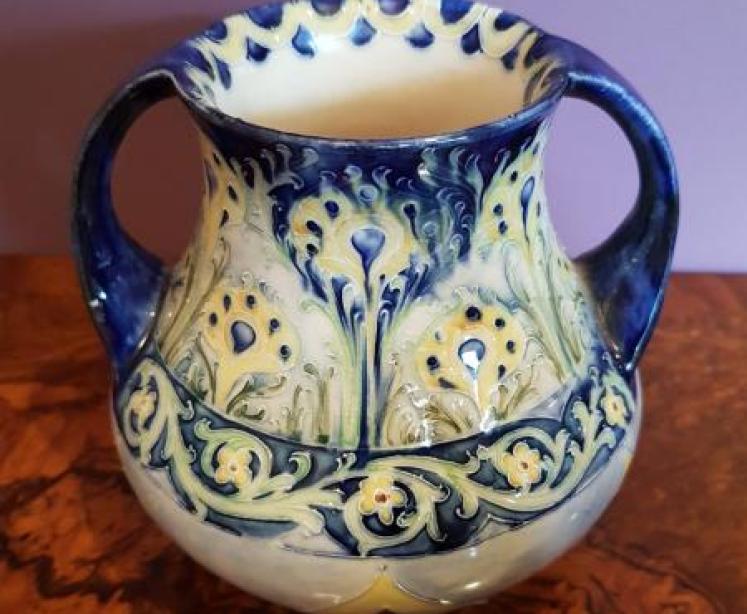 Art Nouveau McIntrye Blue & Yellow Twin Handled Vase - Image 1