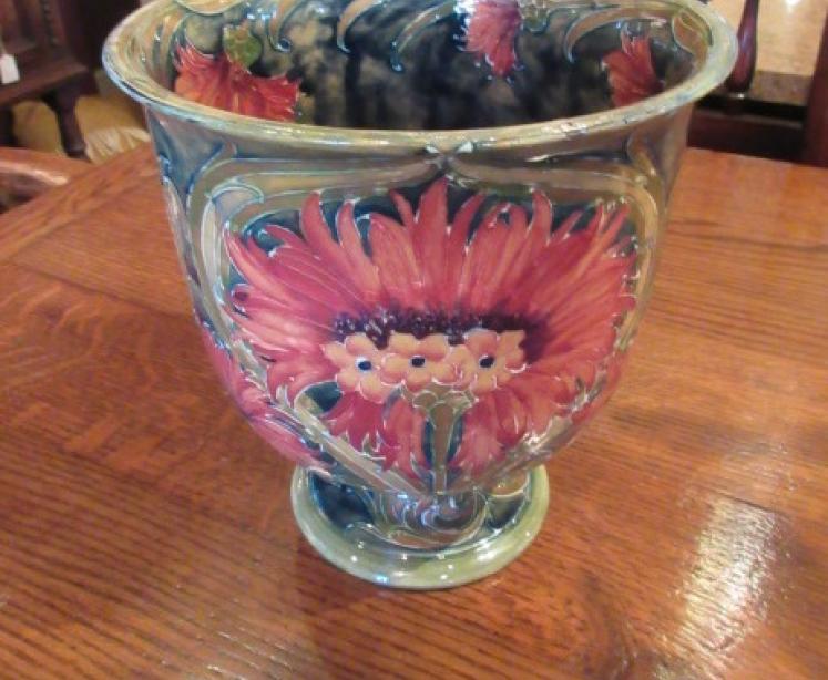 Moorcroft Cornflower on Ochre Pedestal Vase - Image 1