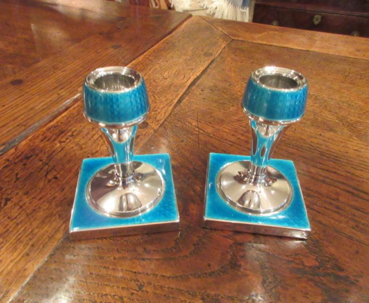 Pair of George V Period Silver & Enamel Candlesticks - Image 1