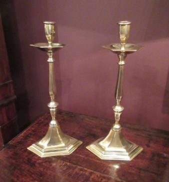 Pair of Mid Victorian Hexagonal Base Brass Candlesticks