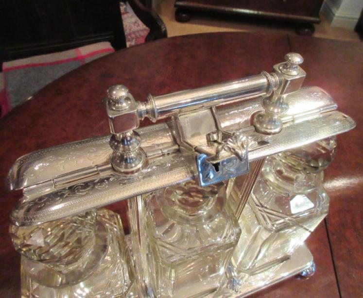Fine Late Victorian Silvered Three Bottle Tantalus - Image 2