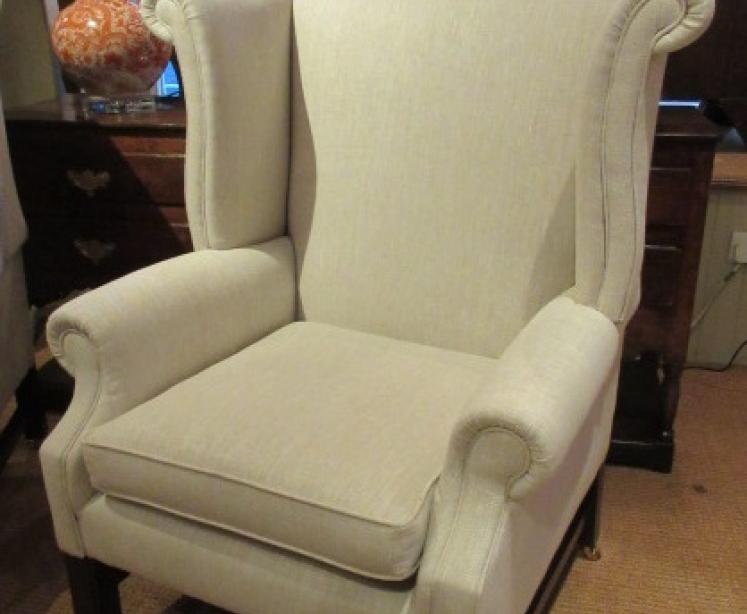 Superb Pair of Victorian Linen Upholstered Wing Armchairs - Image 2