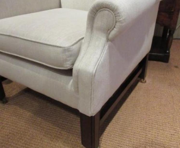 Superb Pair of Victorian Linen Upholstered Wing Armchairs - Image 4