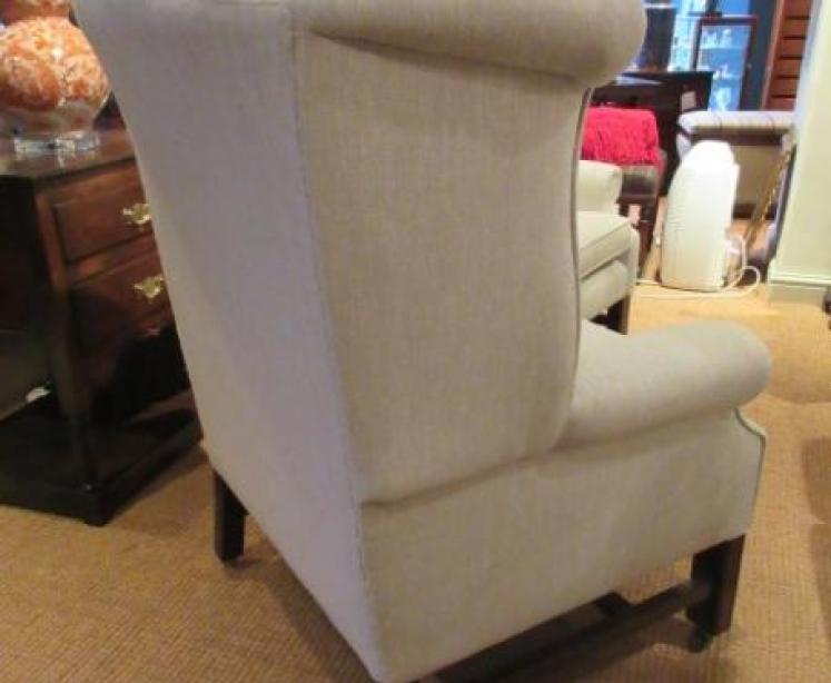 Superb Pair of Victorian Linen Upholstered Wing Armchairs - Image 5