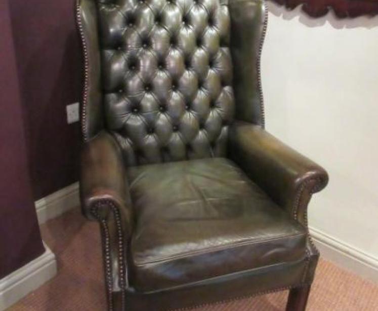 1920's Olive Green Leather Buttoned Wing Armchair - Image 1