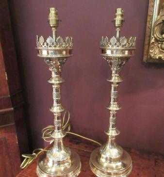 Pair of Victorian Bell Metal Church Candlestick Lamps
