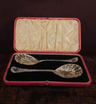 Boxed Pair of Victorian Silver Berry Spoons