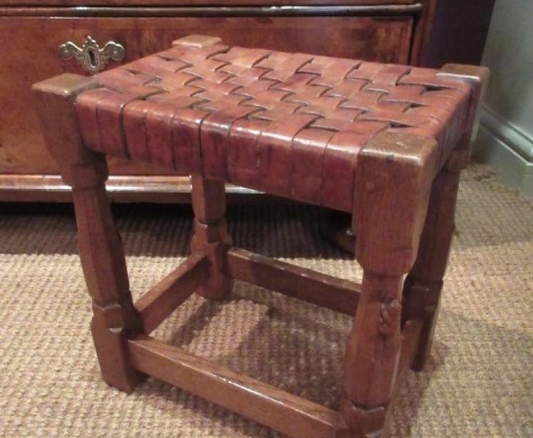 Early 'Beaverman' Adzed Oak Leather Top Stool - Image 1