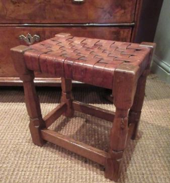 Early 'Beaverman' Adzed Oak Leather Top Stool