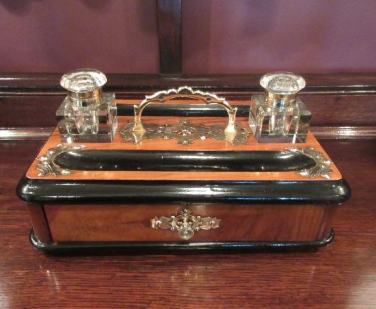 Mid Victorian Antique Walnut & Ebony Inkstand - Image 1