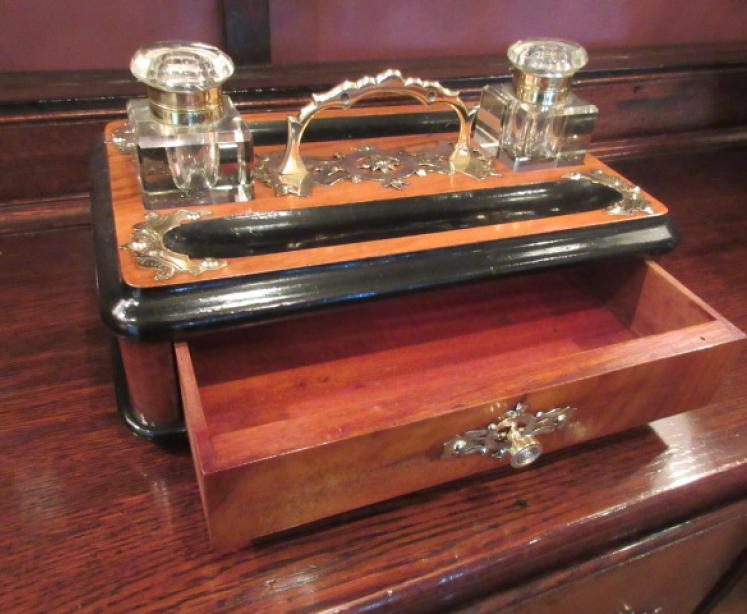 Mid Victorian Antique Walnut & Ebony Inkstand - Image 2