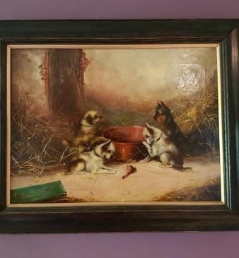 Victorian Oil on Canvass Terriers by Frank W Cassell