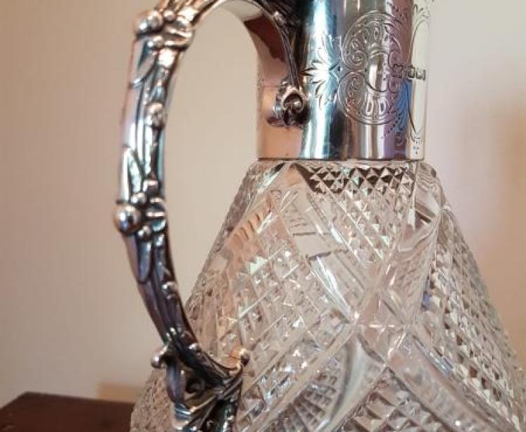 Victorian Antique Silver Mounted Cut Crystal Claret Jug - Image 4