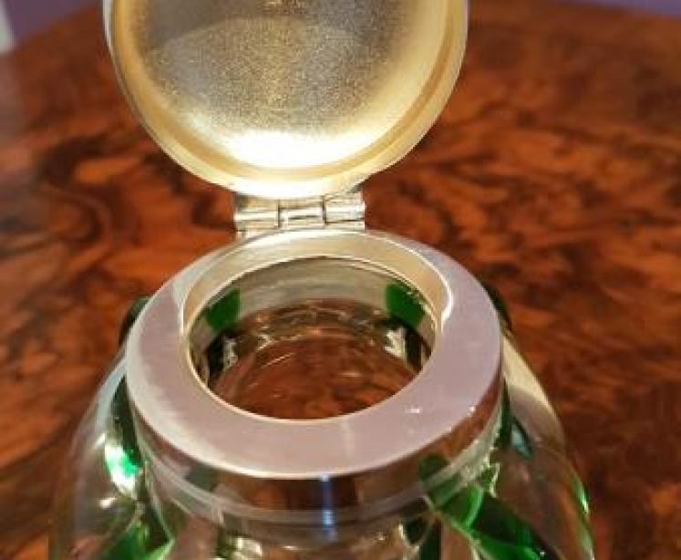 Art Nouveau Antique Silver & Green Flashed Inkwell - Image 4