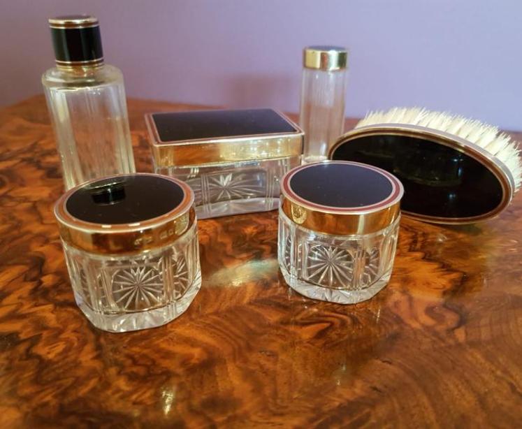 George V Period Silver Gilt And Enamel Six piece Dressing Table Set - Image 1