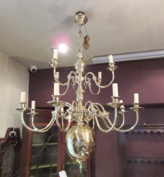 Large Edwardian Antique Polished Brass Two Tier Chandelier