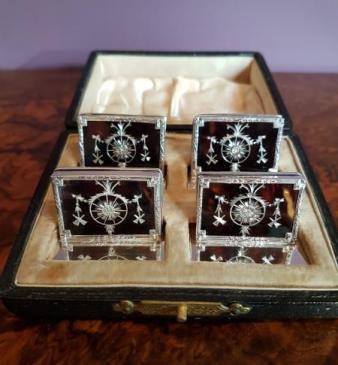 Set Of 4 Silver and Tortoise Shell Menu Holders
