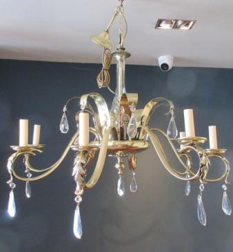 Art Deco Period Polished Brass & Crystal Cut Chandelier