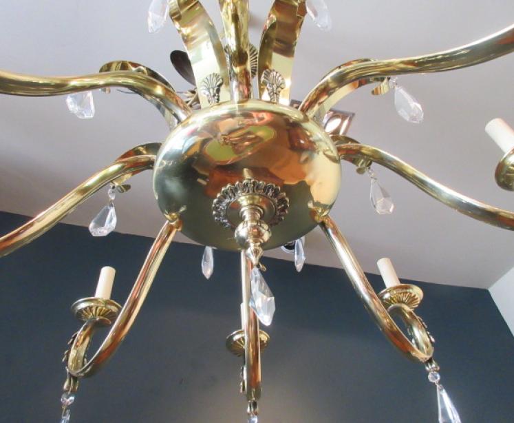 Art Deco Period Polished Brass & Crystal Cut Chandelier - Image 2