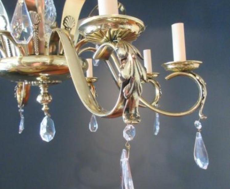 Art Deco Period Polished Brass & Crystal Cut Chandelier - Image 4