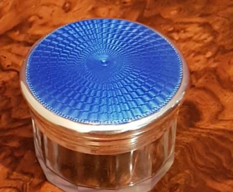 George V Royal Blue Enamel & Silver Dressing Table Jar - Image 1