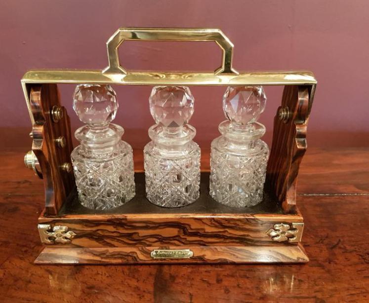 Superb Victorian Walnut Miniature 3 Bottle Tantalus - Image 1