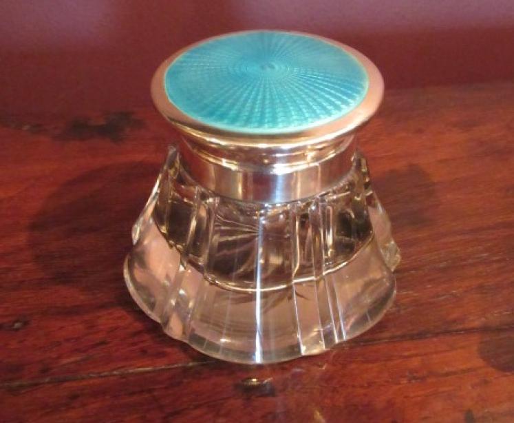George V Silver & Turquoise Enamel Topped Inkwell - Image 1