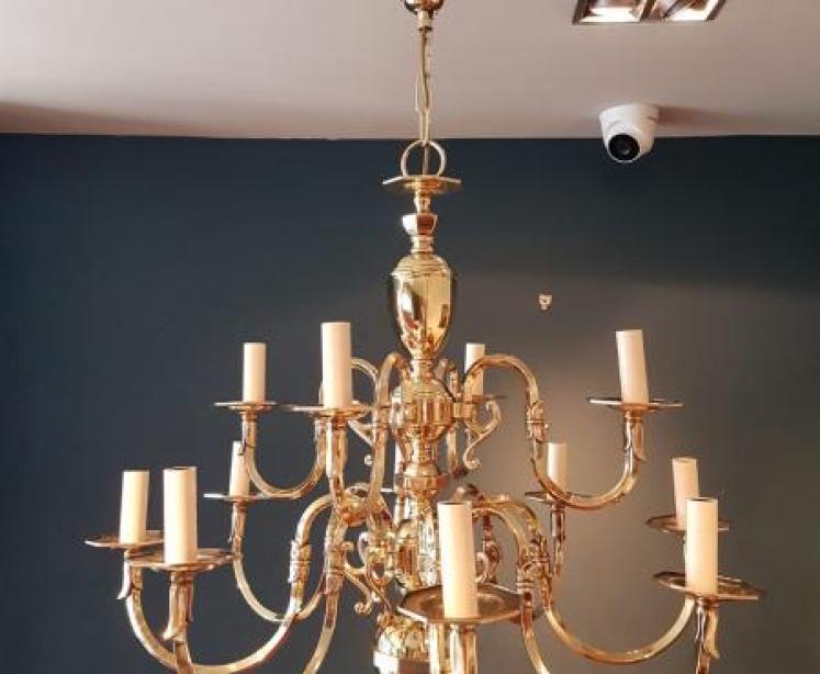 Stylish Edwardian Antique Brass Two Tier Chandelier - Image 1