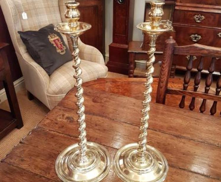 Large Pair Of Antique Brass Barley Twist Candlesticks  - Image 1