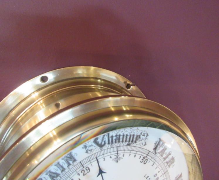 Large Antique Polished Brass Bulkhead Marine Barometer - Image 4
