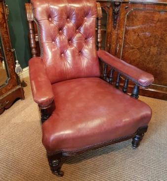 Superb Early Victorian Mahogany Framed Leather Arm Chair 