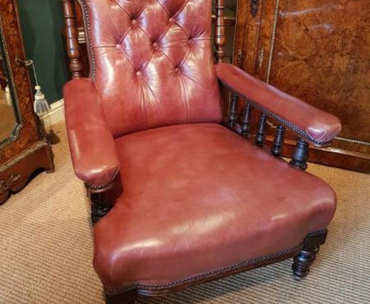 Superb Early Victorian Mahogany Framed Leather Arm Chair  - Image 1