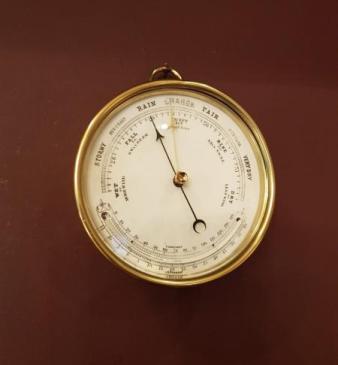 Victorian Brass Cased Marine Barometer with Crescent Thermometer