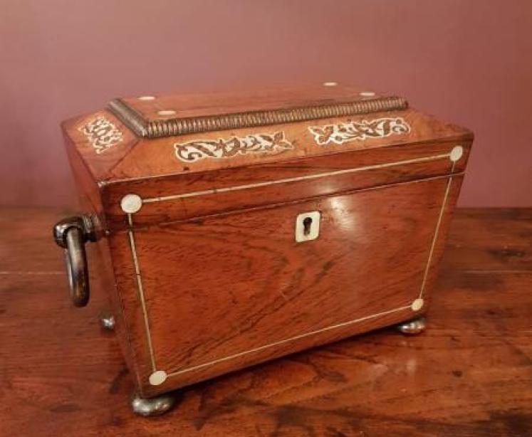 Small Regency Period Rosewood Mother of Pearl Inlaid Tea Caddy - Image 1