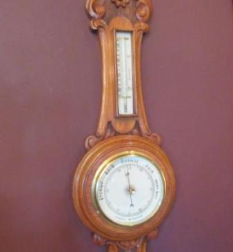 Small Mid Victorian Antique Oak Banjo Barometer