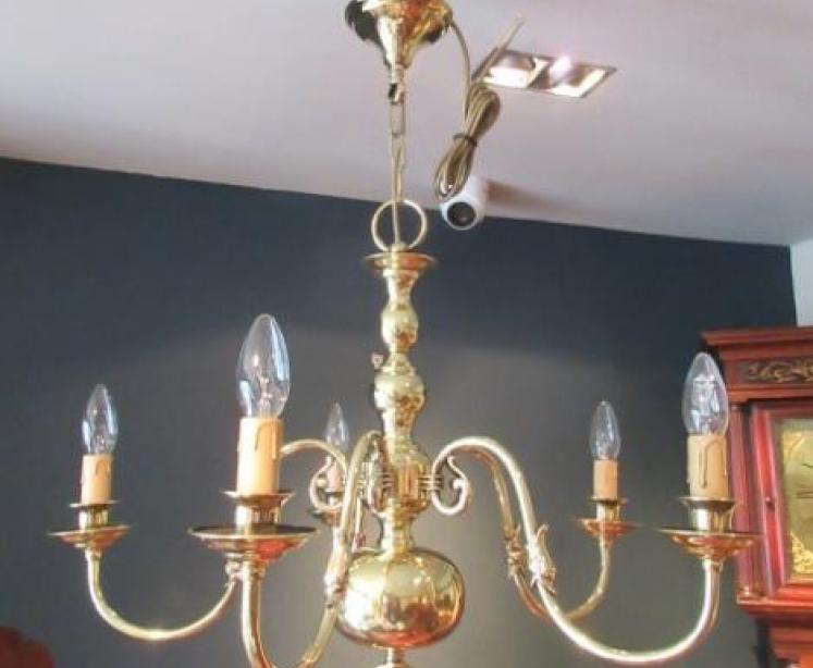 Small Edwardian Polished Brass Five Arm Chandelier - Image 1