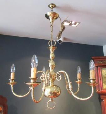 Small Edwardian Polished Brass Five Arm Chandelier
