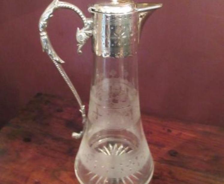 Antique Cut & Etched Glass Silvered Claret Jug - Image 1