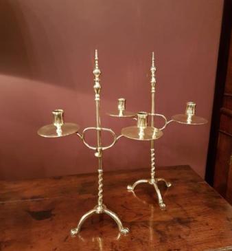 Pair of Early Victorian Brass Rise and Fall Candelabras